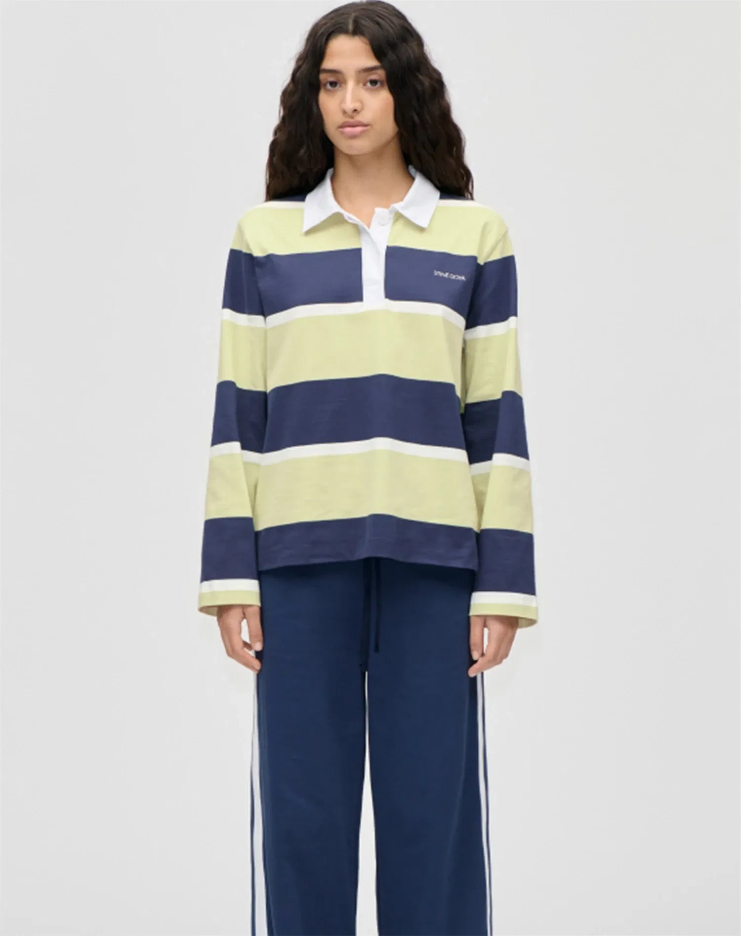 Polo Long Sleeve Top - Yellow and Navy Blue Stripes