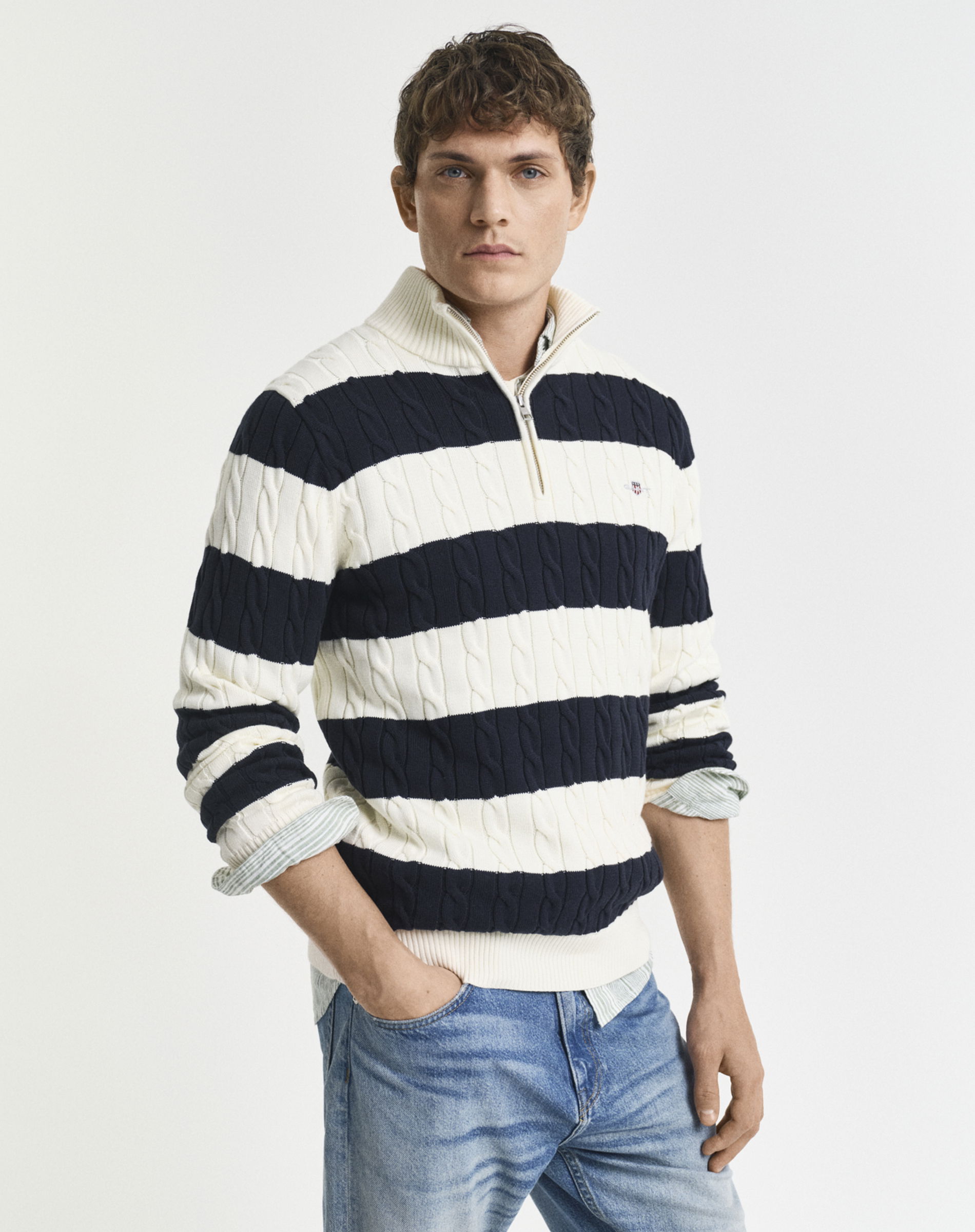 Striped Cotton Cable Half Zip Sweatshirt - Evening Blue