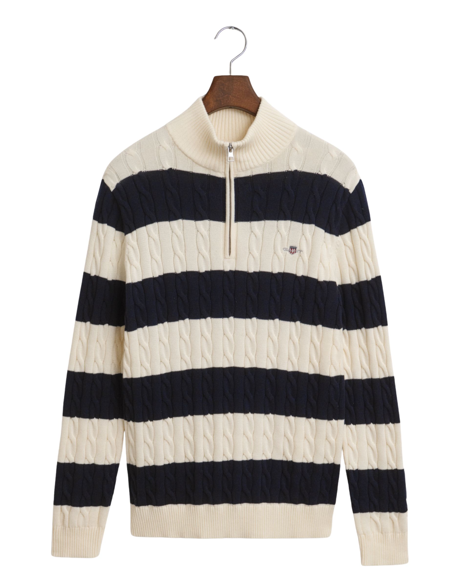 Striped Cotton Cable Half Zip Sweatshirt - Evening Blue
