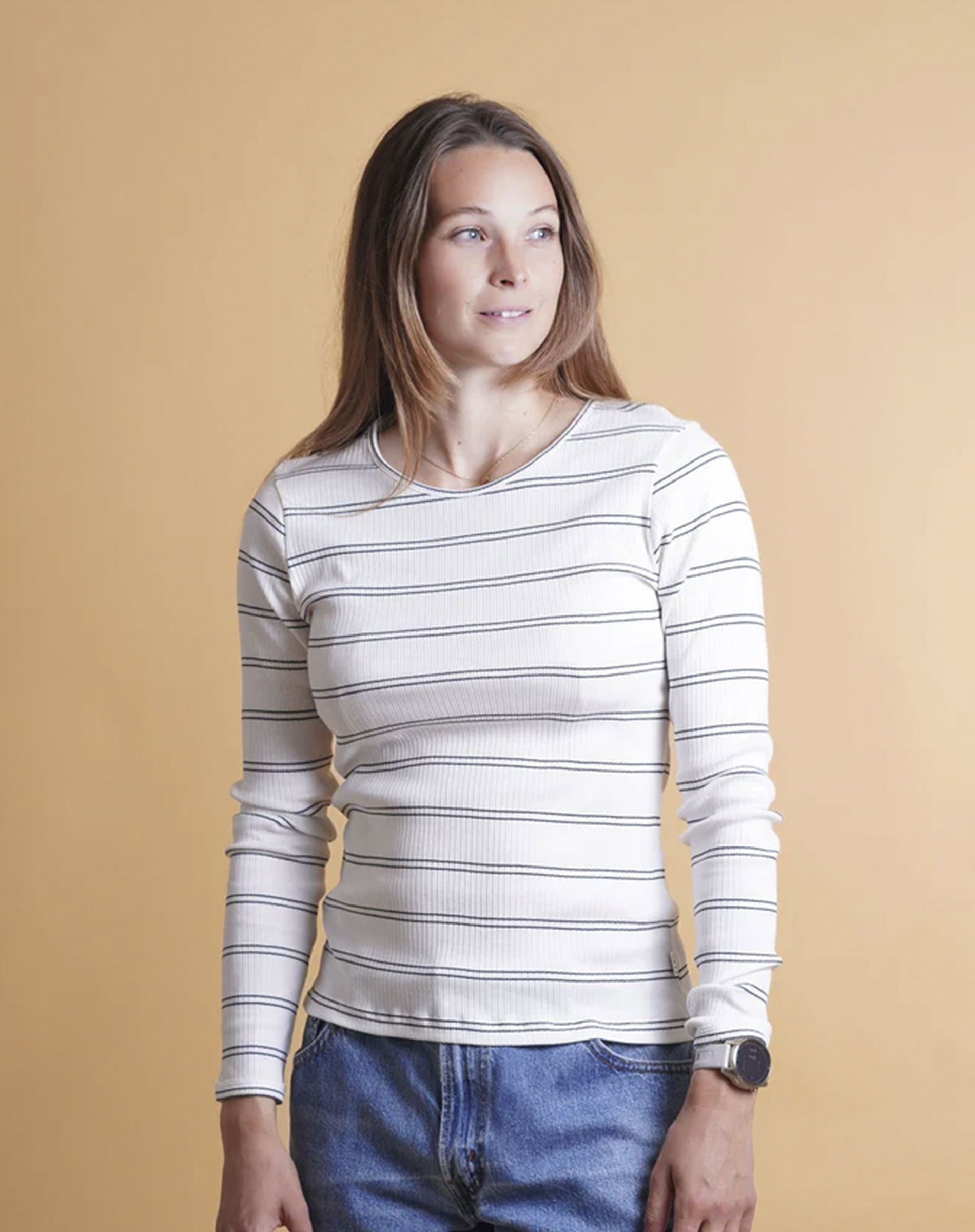 Rib langærmet T-shirt - Cream/Black