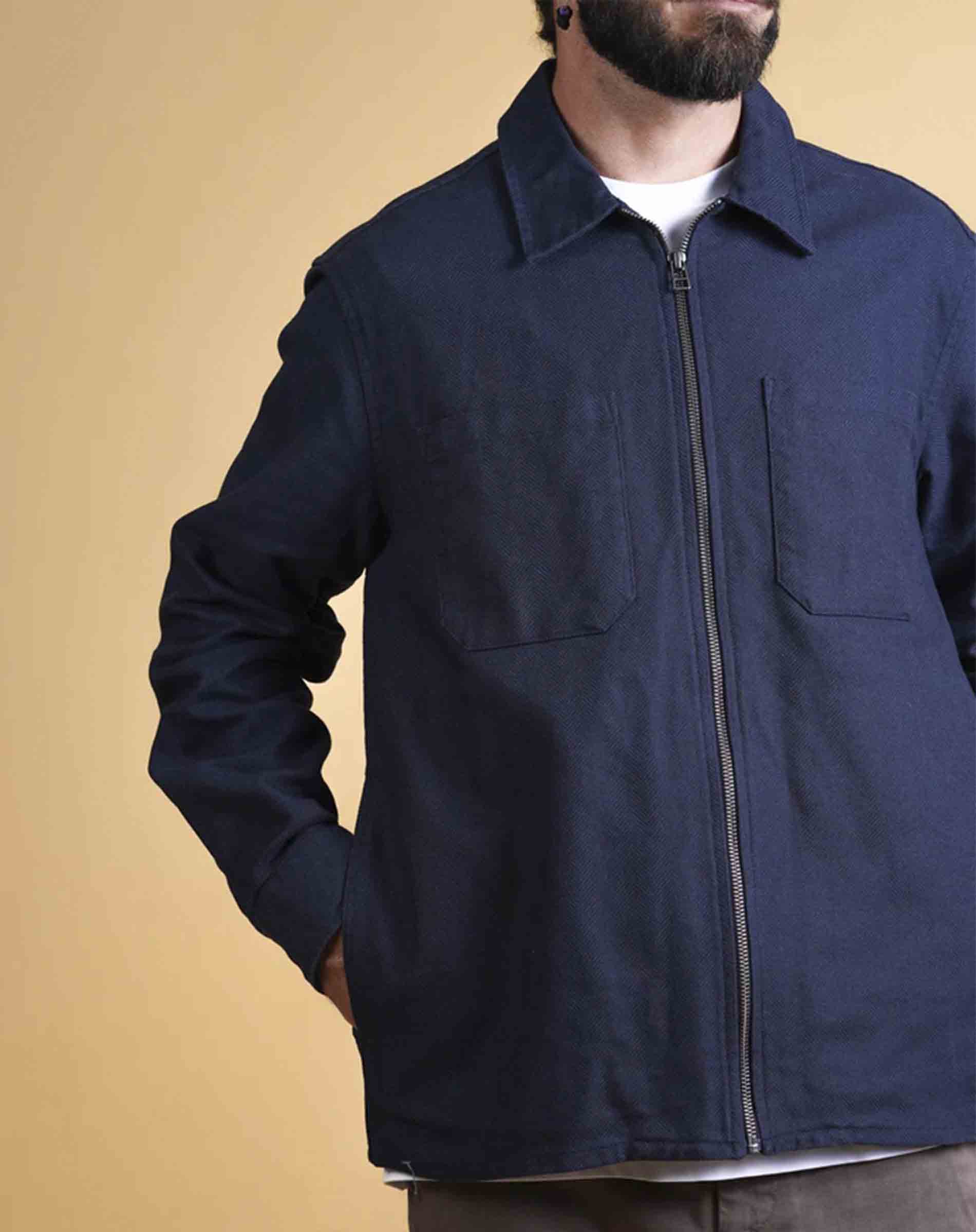 Herringbone Zip Overshirt - Dark Navy