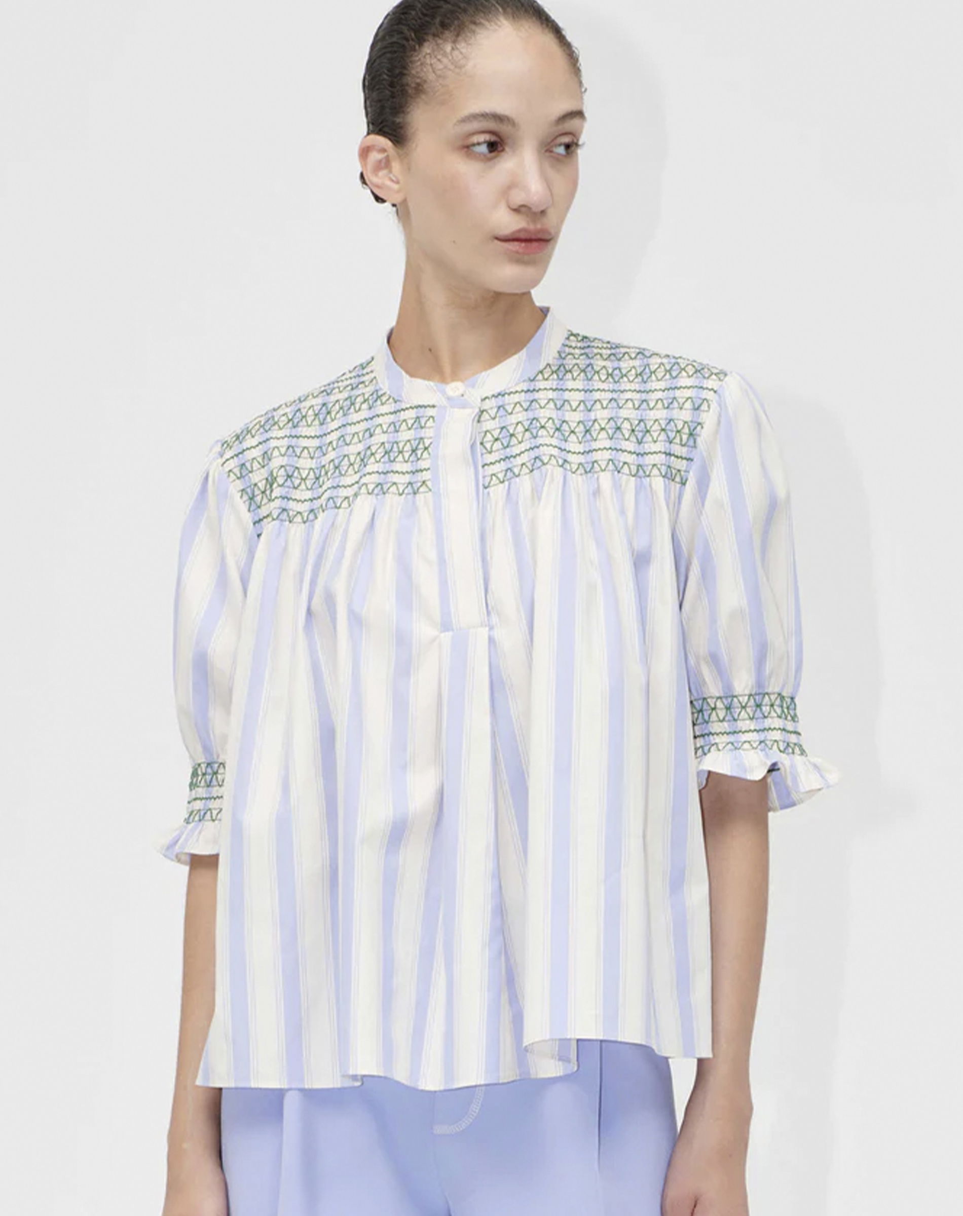 Smocked Gathered Bluse - Pastel Stripes